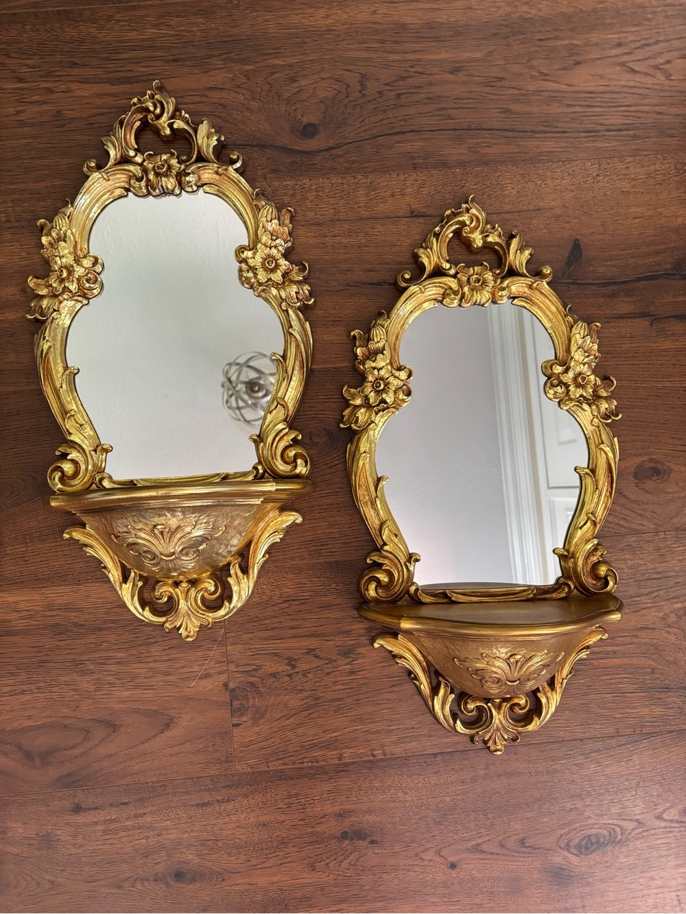 (2)Vtg Florentine Style Gold Floral Mirror Wall Shelf 1970 Syroco USA Synthetic